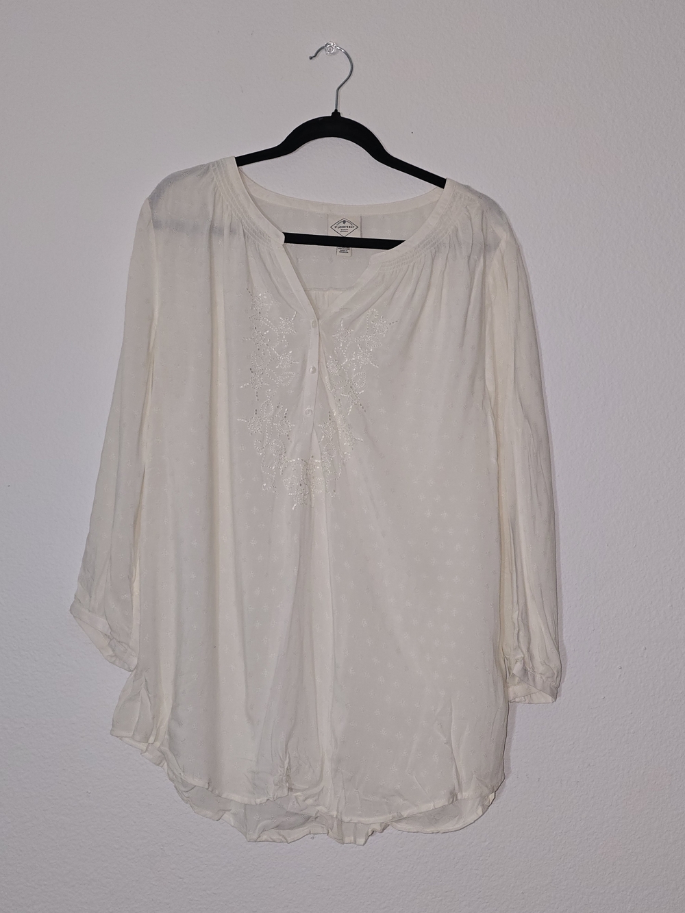 Lightweight White Peasant Blouse - Embroidered Front
